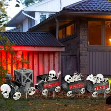 (4pcs) Halloween Skeleton Train Garden Stake Decorations Plastic Ghost Themed Outdoor Yard Decor with Stake Mounting, Spooky Non-Electric Holiday Props