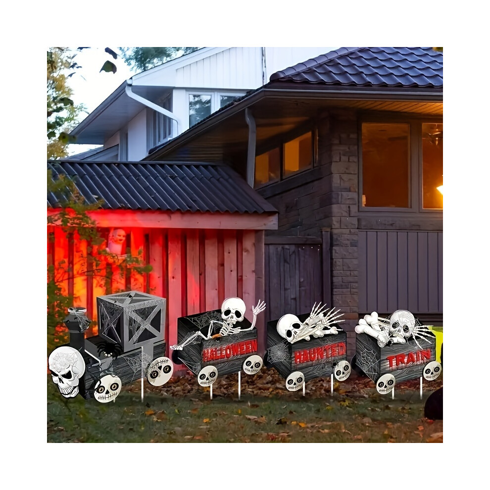 (4pcs) Halloween Skeleton Train Garden Stake Decorations Plastic Ghost Themed Outdoor Yard Decor with Stake Mounting, Spooky Non-Electric Holiday Prop