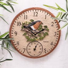 Robin Round Wall Clock & Thermometer Indoor Kitchen / Outdoor Garden