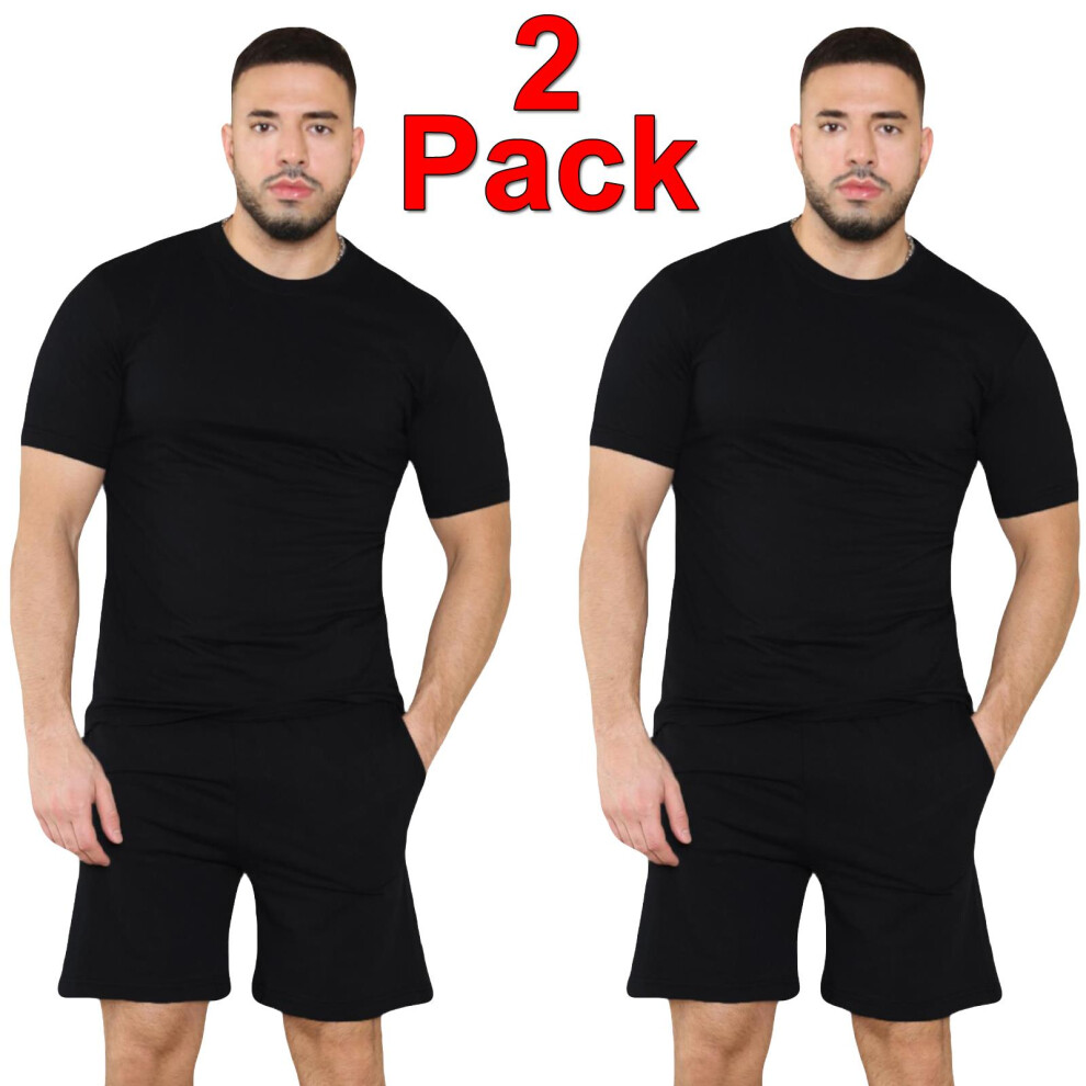 (2 Pack - Black, M) Men Pyjamas Nightwear ShortSleeve Tshirt Short Set