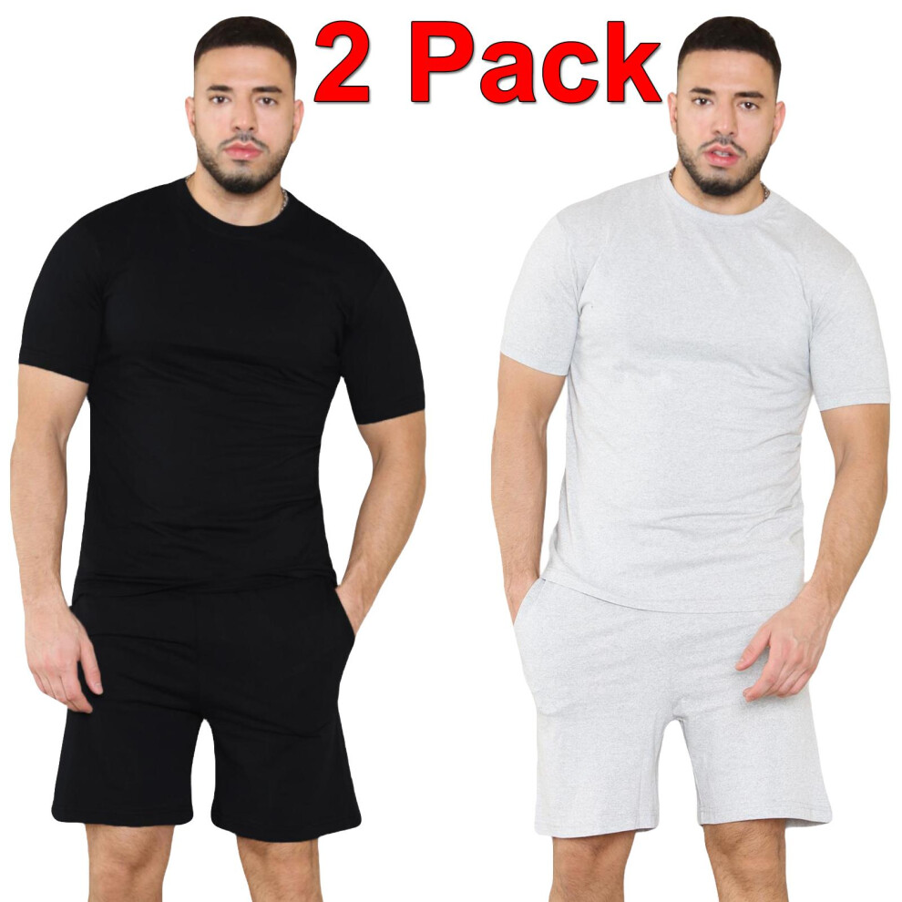 (2 Pack - Black Grey, S) Men Pyjamas Nightwear ShortSleeve Tshirt Short Set