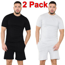 (2 Pack - Black Grey, M) Men Pyjamas Nightwear ShortSleeve Tshirt Short Set