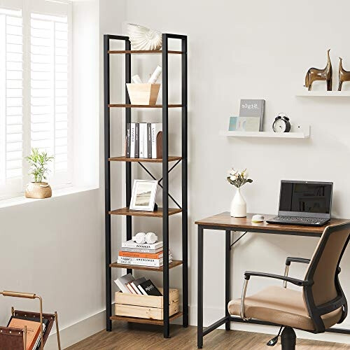 Rustic Industrial 6-Tier Bookshelf with Adjustable Feet 1