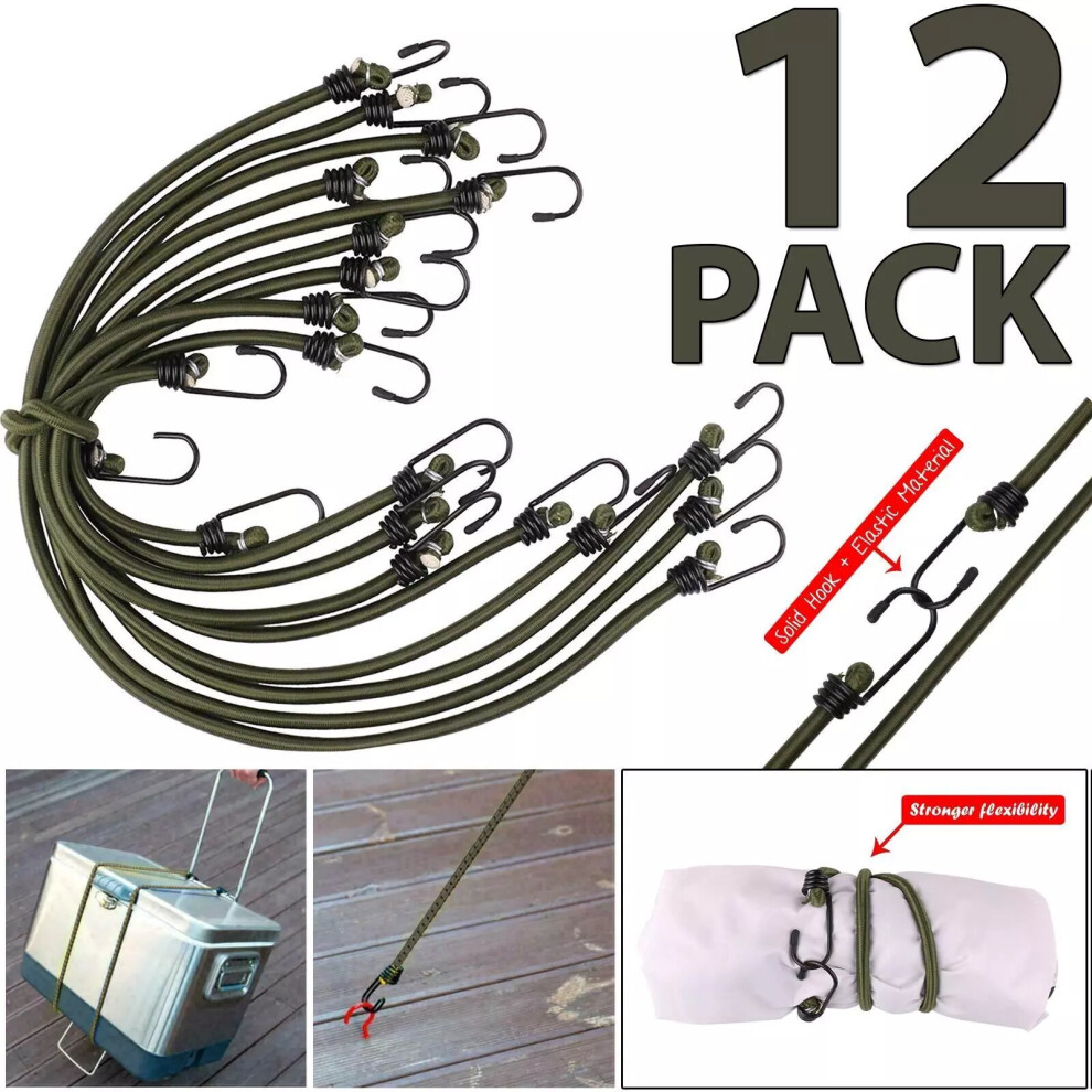 12Pcs Heavy Duty Bungee Cord Luggage Strap Elastic Stretch Rope Hooks