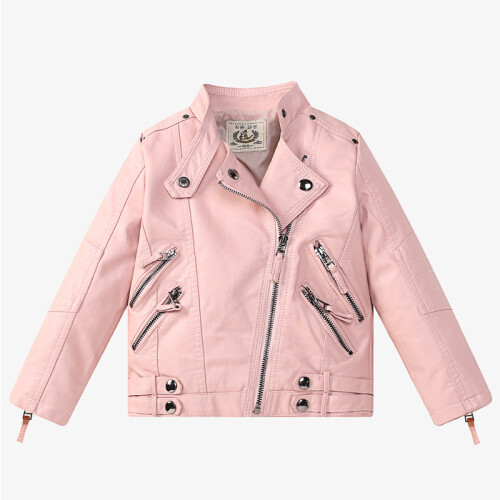(Pink, 7-8Years) Kids Girl PU Leather motorcycle biker jacket Coats