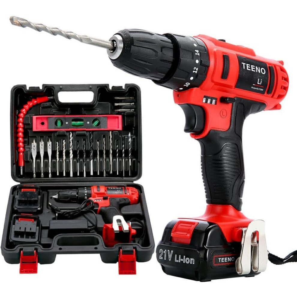 TEENO 21V Cordless Drill Driver Set 21V,Hammer Drill ,18+3 Torque,32N.m Max,25 PCS Drill Bits 2 Speed,LED Light,for Home Garden DIY(2 Batteries)