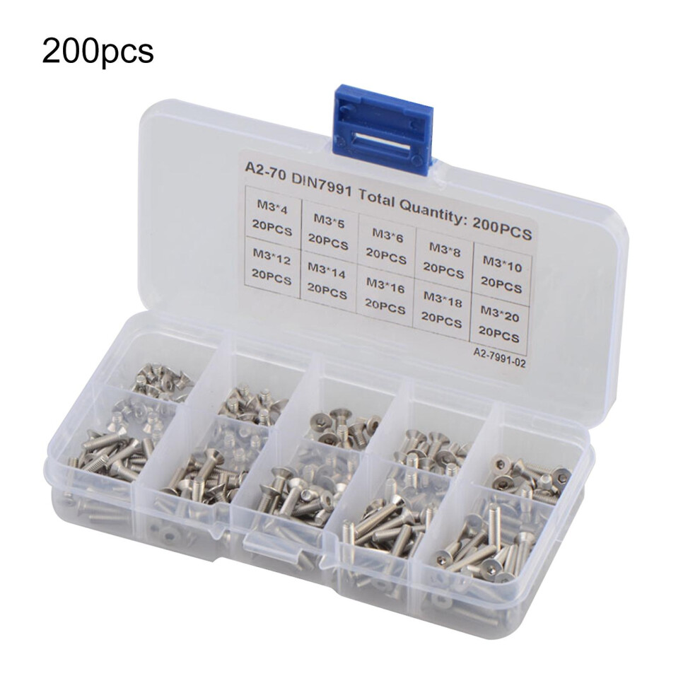 200Pcs M3 Screws Neat No Burr 304 Stainless Steel Assorted Flat Head Countersunk Hex Screw Kit For Daily Maintenance 9099488810219