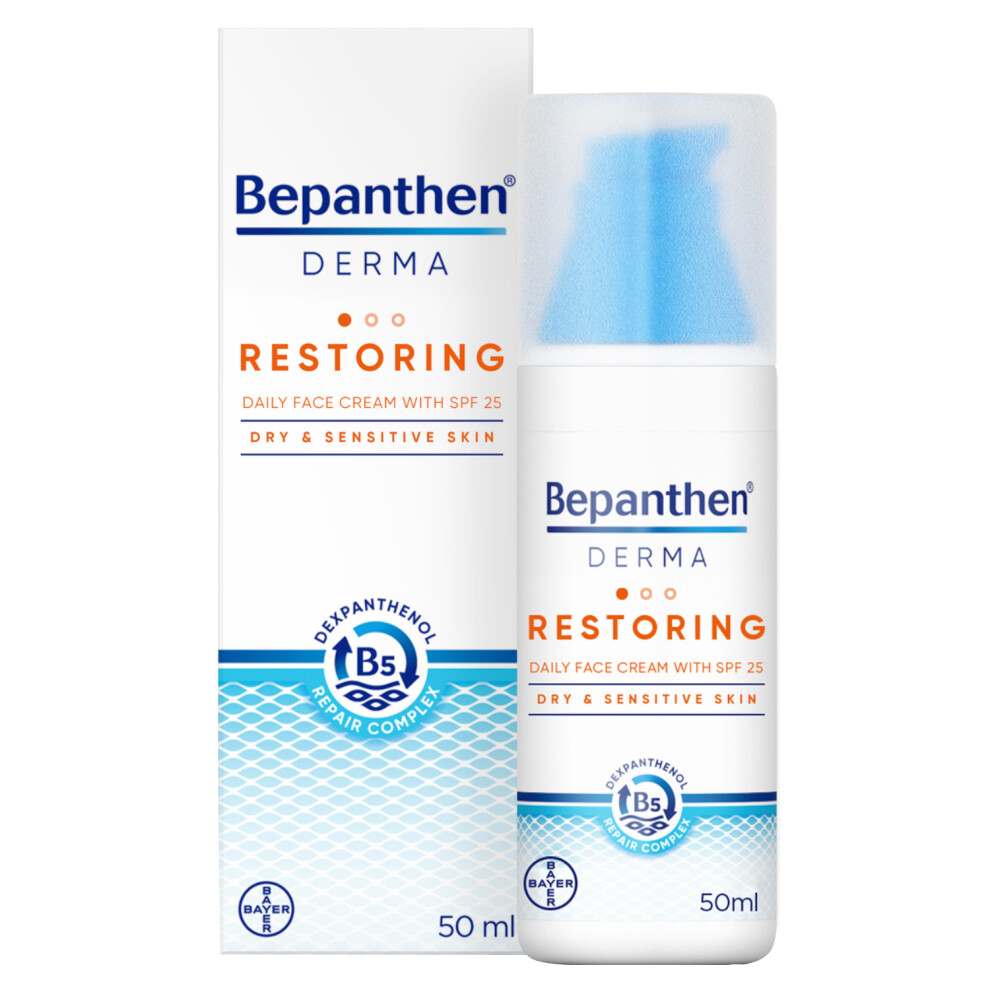 Bepanthen Derma Restoring Daily Face Cream With SPF25, Long-lasting Hydration, Soft & Smooth Skin, UVA/UVB Protection, Non-greasy, 50ml