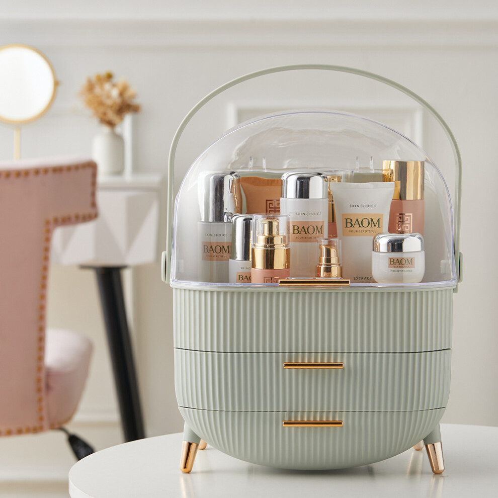 (Mint Green) Cosmetic Storage Box with Handle Drawers Waterproof and Dustproof Large Capacity Makeup Tool Storage Organizer
