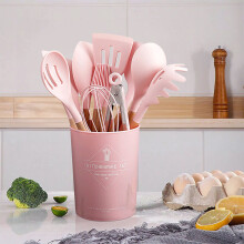 (Pink) 11-piece Silicone Kitchen Utensil Set for Nonstick Cookware Non-stick Spatula Bakeware Accessories