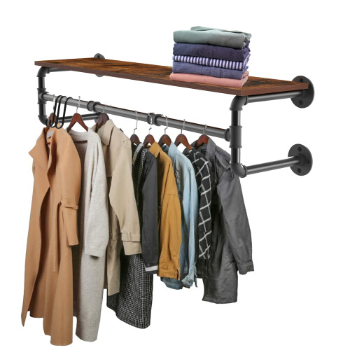 104cm Wall-Mounted Industrial Pipe Coat Rack with Floating Shelf – Heavy-Duty 2-in-1 Clothes Rail & Shelf (Black)