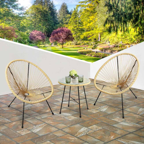 RayGar 3pcs Bistro Egg Designer String Chair Garden Set - Natural