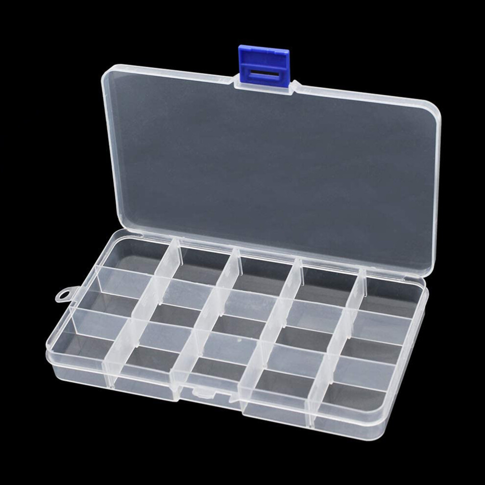 (Clear, 2pcs) 15-Slot Compartment Craft Storage Jewellery Box with Adjustable Divider Clear Plastic Organiser Box Container for Storing Beads, Toys, Accessories