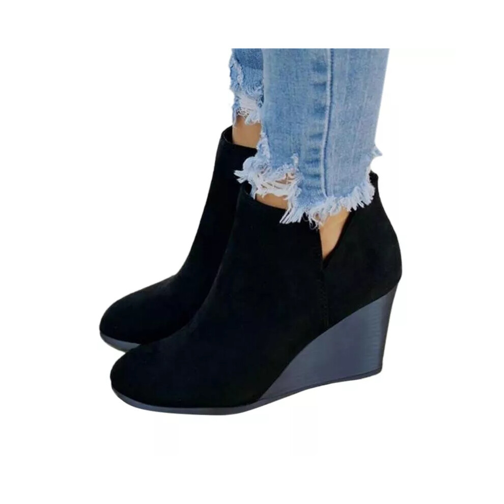 (Black, UK Size 7=Tag Size 43) Ladies Wedge Heel Booties Cut Out Ankle Boots Womens Side Zip Walking Fashion