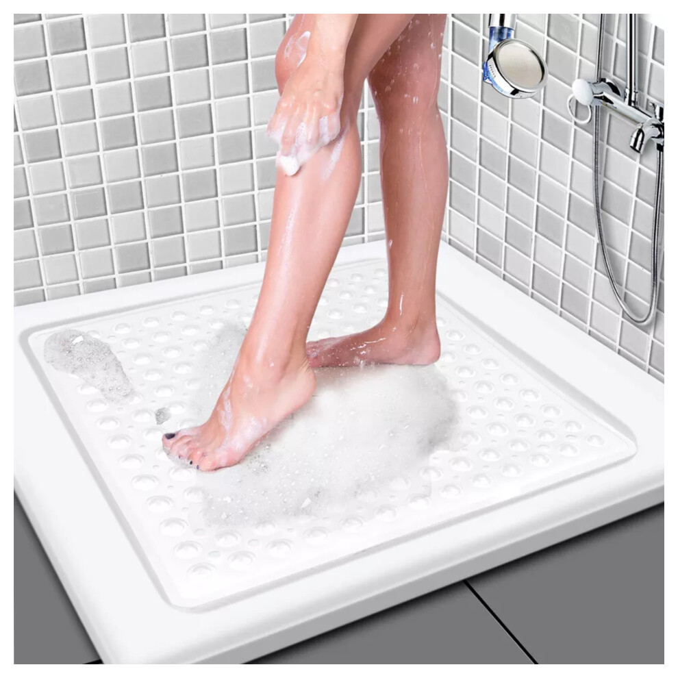(53 x 53 cm, White Shower/Bath Mat) Non Slip Bathtub Shower Mat Extra Long Anti Mold Strong Suction Rubber Bath Mats