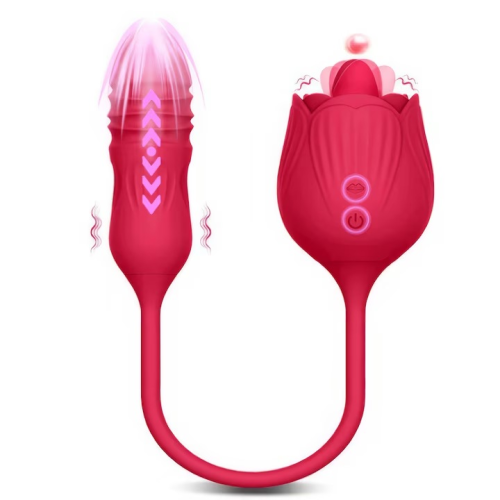 Rose-Shaped Clitoral Tongue Stimulator with G-Spot Vibration - 3-in-1 Licking, Thrust & Vibration, 10 Suction & 10 Vibration Modes, Waterproof, Red
