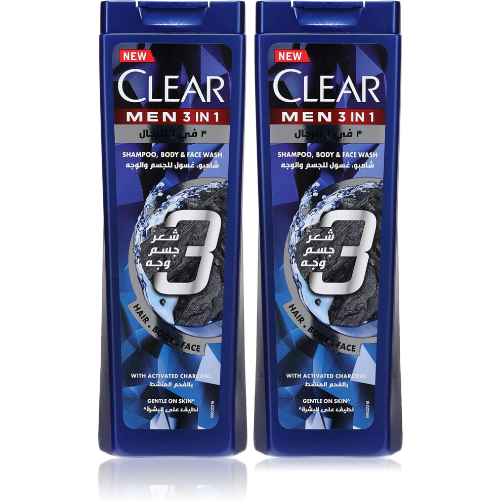 Clear Men 3in1 Shampoo For Hair, Face & Body Wash With Activated Charcoal 400ml |100% Dandruff Free Hair & Moisturized Skin|Complete Care Pack of 2