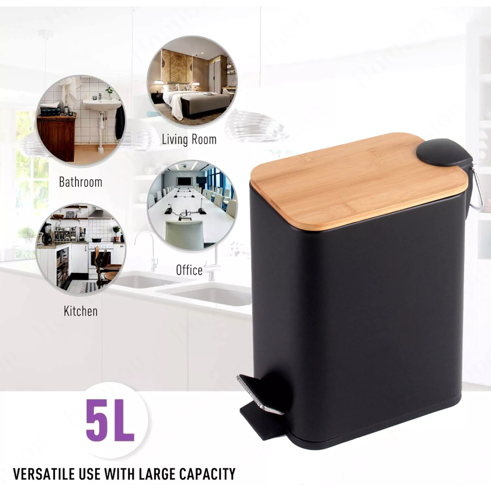 (5L Slim Black) 5L Slim Pedal Bin Wooden Top Bathroom Rubbish Bin