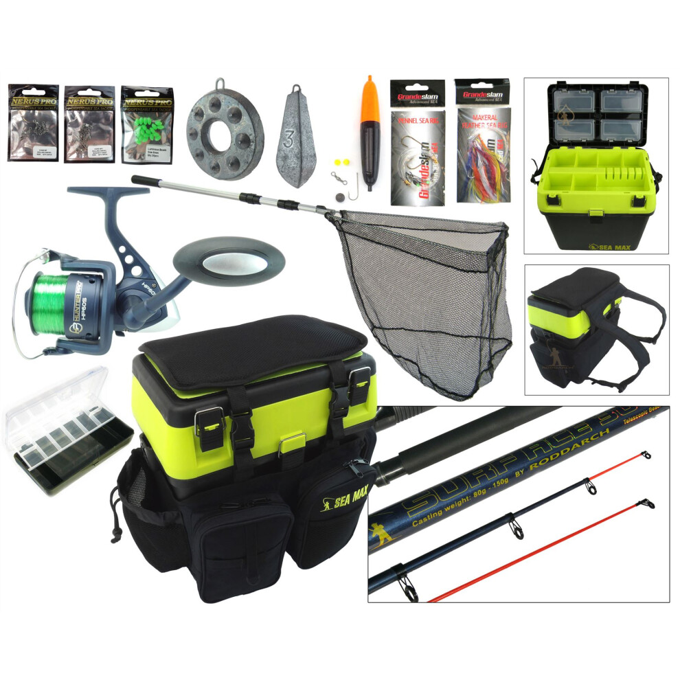 Roddarch Sea Fishing Kit. Complete Sea Fishing Rod & Reel Set Including SEA MAX Seat Box & Rucksack