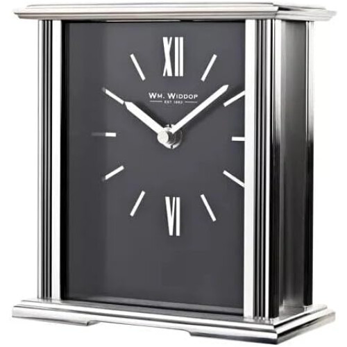 William Widdop Silver Mantel Clock Navy Dial - Rectangular, Quartz Movement, Glass Panel, Roman 12/6 Numerals, Gift Box - W2941 1