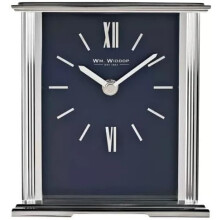 William Widdop Silver Mantel Clock Navy Dial - Rectangular, Quartz Movement, Glass Panel, Roman 12/6 Numerals, Gift Box - W2941