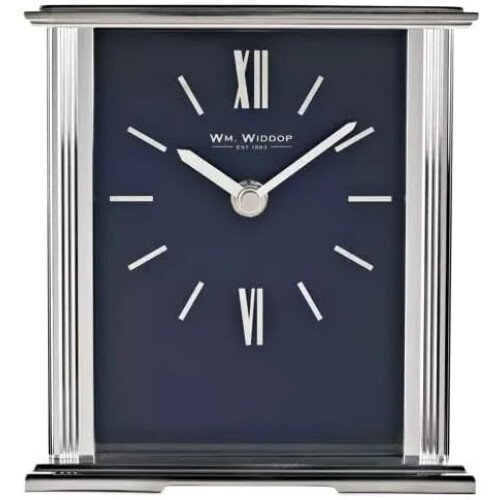 William Widdop Silver Mantel Clock Navy Dial - Rectangular, Quartz Movement, Glass Panel, Roman 12/6 Numerals, Gift Box - W2941