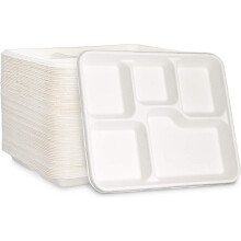 (Pack of 200) ECONX Bagasse 5 Compartment Food Tray Plate 100% Compostable Plates Disposable Sugarcane Paper Trays for Restaurants, Parties, Events