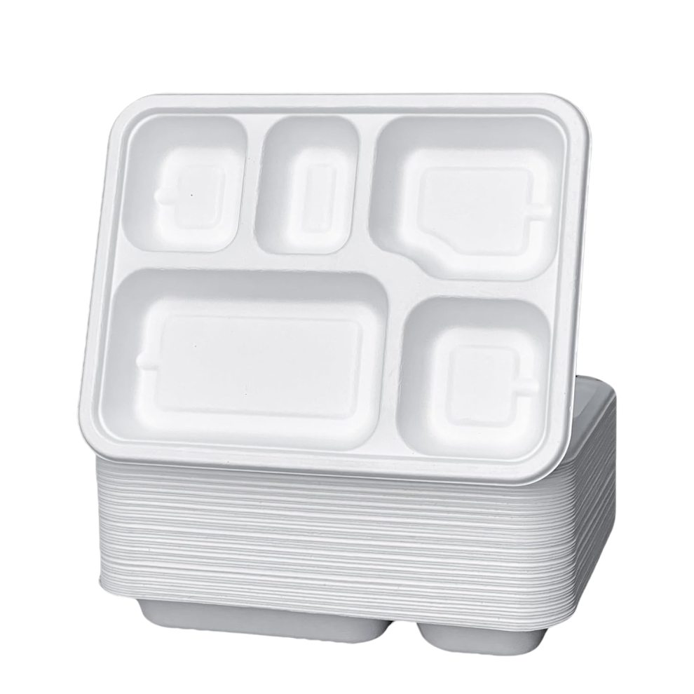 (Pack Of 200) ECONX Bagasse 5 Compartment Food Tray Plate 100% Compostable Plates Eco-Friendly Disposable Sugarcane Paper Food Trays