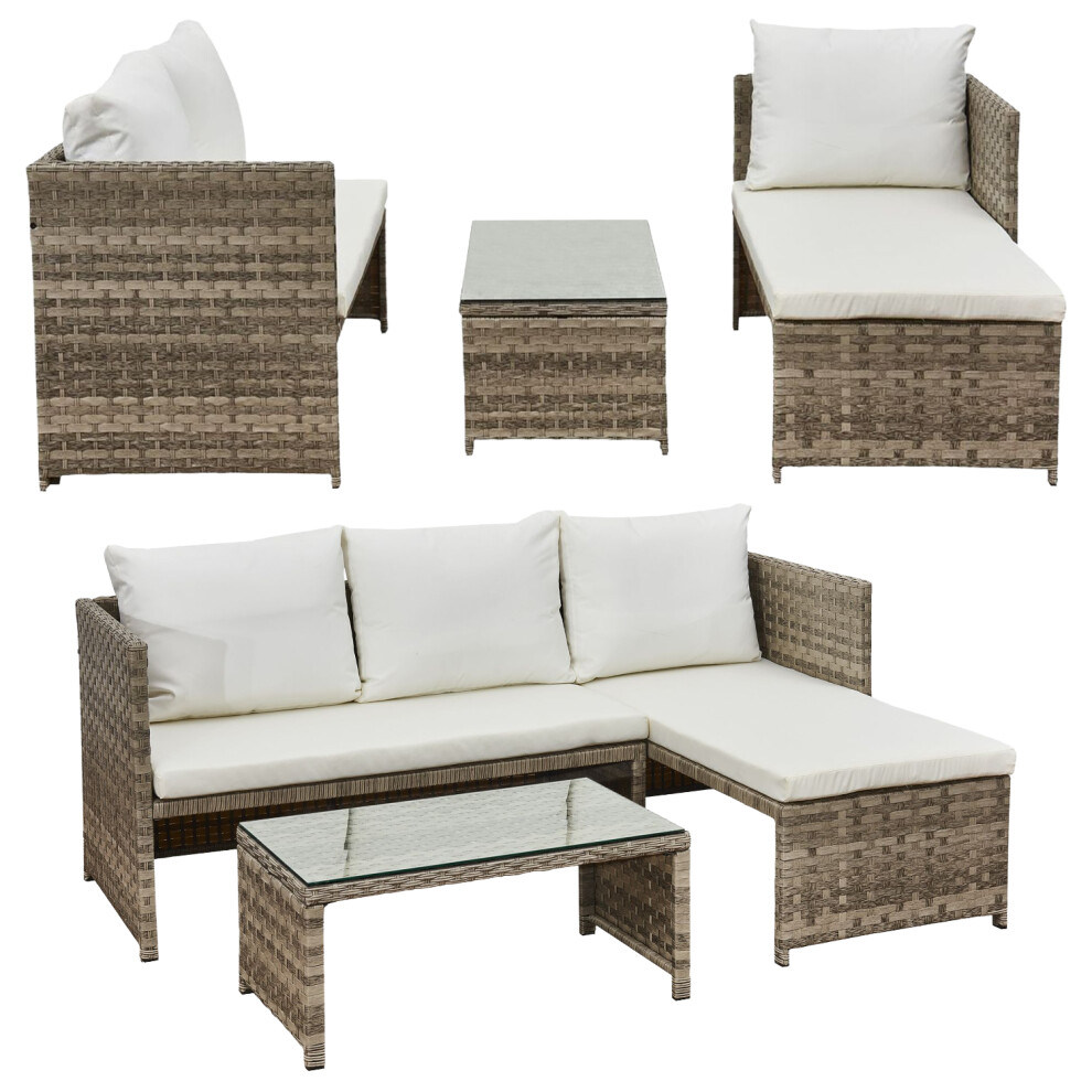 (Beige with Cream Cushions) Florence Rattan Corner Sofa Set with Cushions & Table Outdoor Patio Garden Furniture