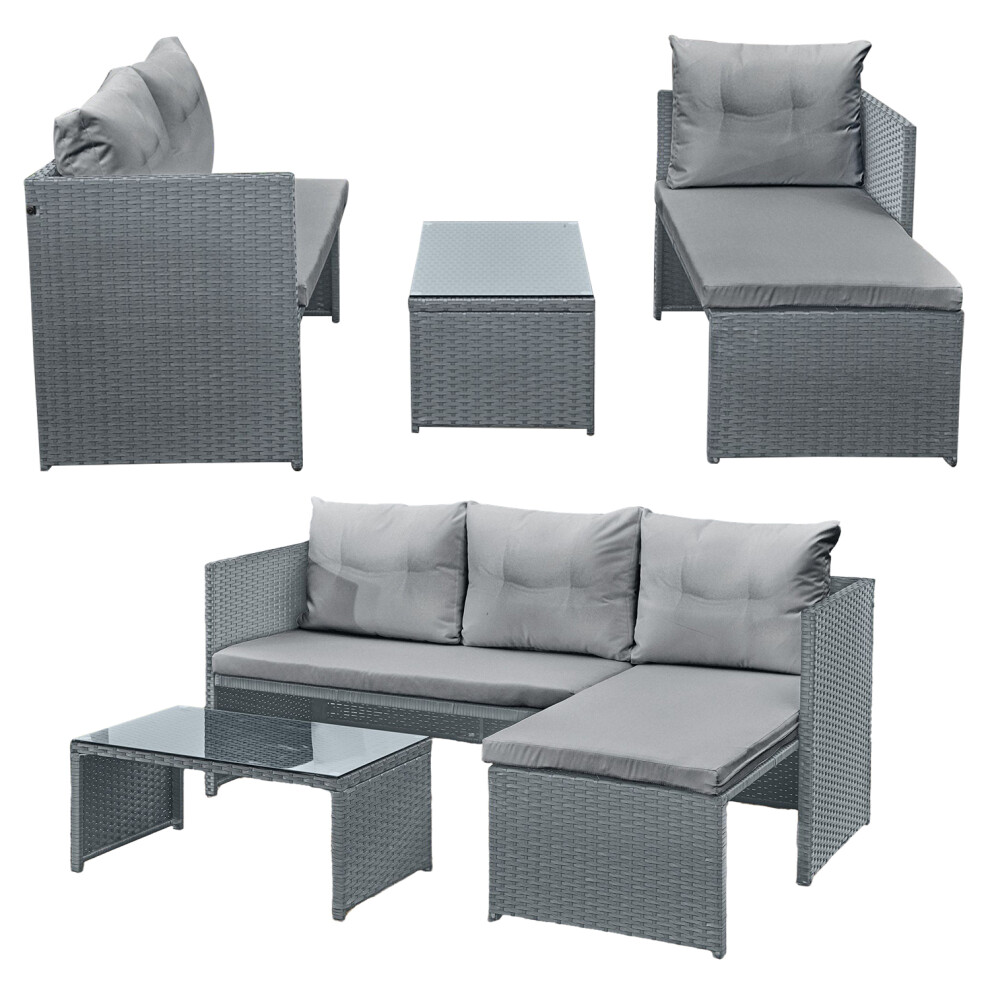 (Grey with Grey Cushions) Florence Rattan Corner Sofa Set with Cushions & Table Outdoor Patio Garden Furniture