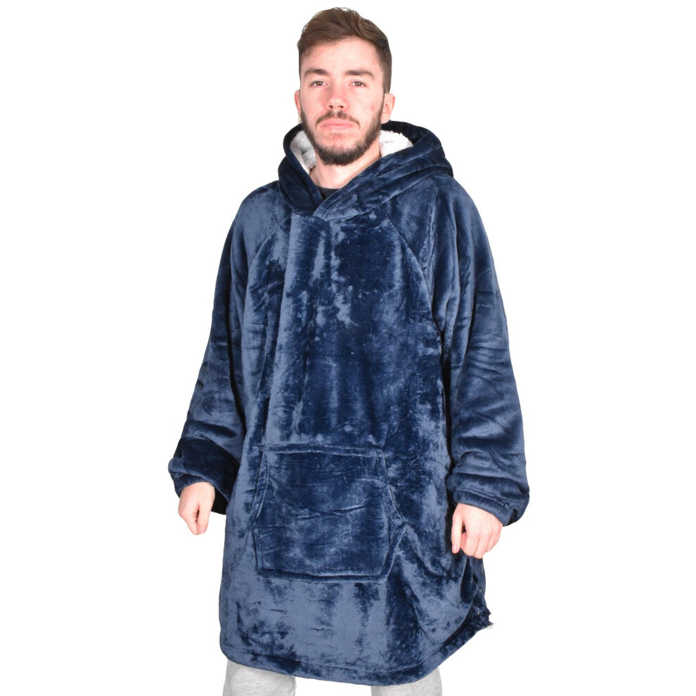 (Navy - Thin) Unisex Blanket Hoodie Sherpa Fleece Ultra Plush