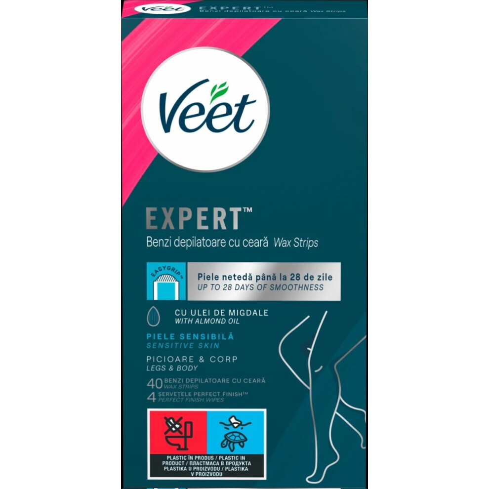 Veet Expert Cold Wax Strips Legs and Body - 40 Wax Strips and 4 Finish Wipes for Sensitive Skin