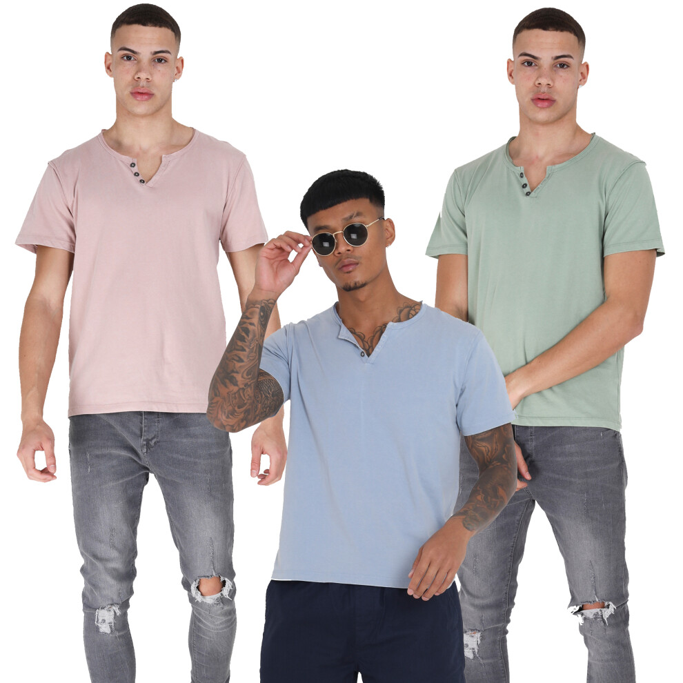 (Blue, Mens Button Y Neck Short Sleeve T-Shirt, L) Mens Short Sleeve Cotton Buttoned Y-Neck T-shirts