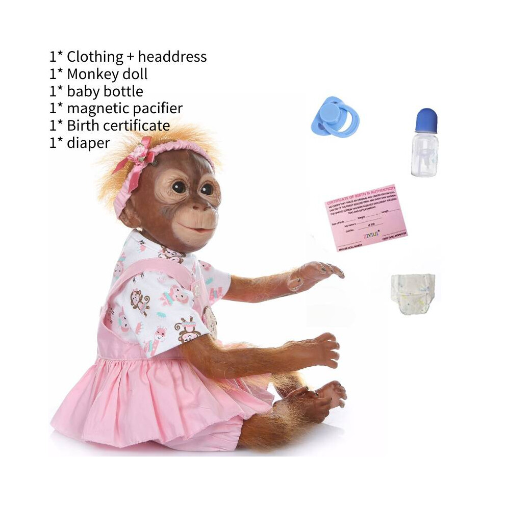 (Pink) Monkey Reborn Silicone Doll Cotton Toys Simulation In Clothing Blue Pink Gift