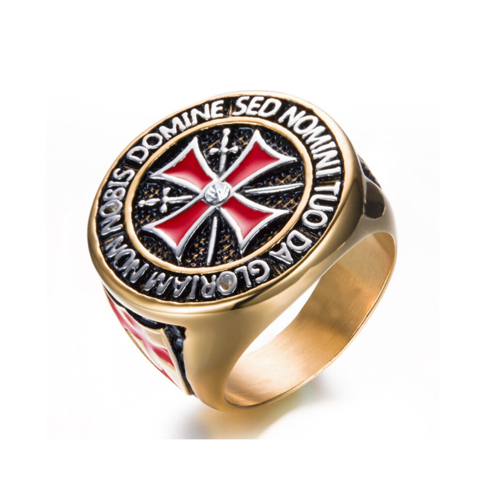 (Gold, 8) Knights Templar Rings for Men, Stainless Steel Crusader Cross Biker Ring