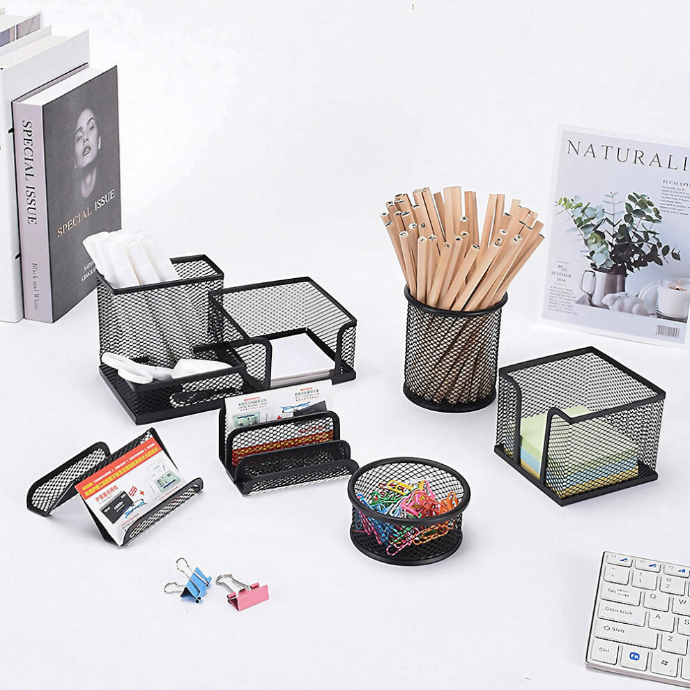 (Black) 6Pcs Office Metal Desktop Organizers Pen Holder Set