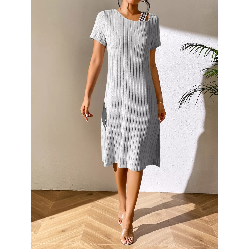 (Light Grey, M) Women's RIBBED Summer Dress Ladies Casual Short Sleeve Midi Party Shirt Dresses-image-OPC-PF2JTKT-NEW