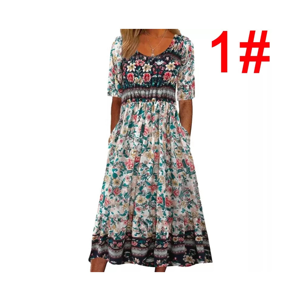 (1#, 12) Boho Womens Short Sleeve Long Dress Casual Loose Floral Pocket Dresses PLUS SIZE-image-OPC-PF2JTQB-NEW