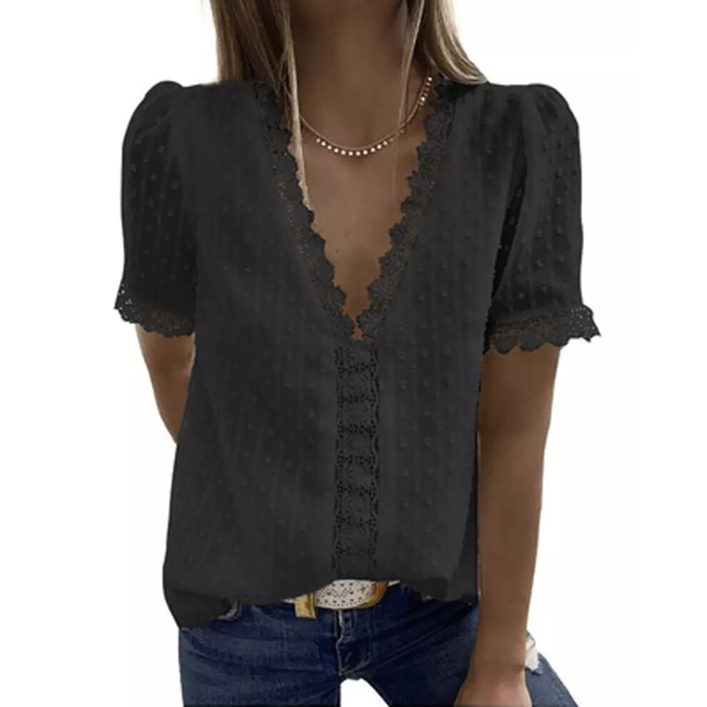 (Black, 10) Ladies Summer Short Sleeve Loose T Shirt Tops Lace Casual V-Neck Blouse Tee SIZE