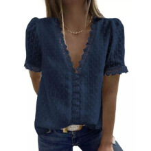 (Navy Blue, 10) Ladies Summer Short Sleeve Loose T Shirt Tops Lace Casual V-Neck Blouse Tee SIZE