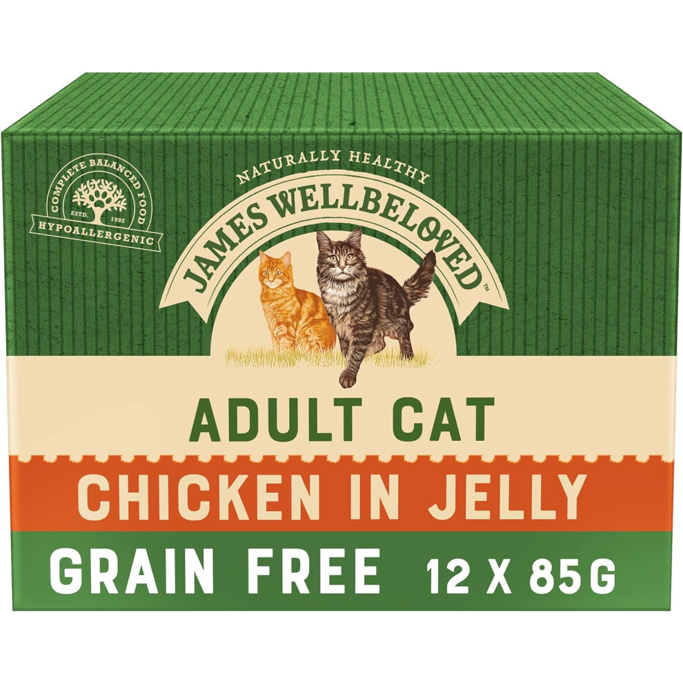 James Wellbeloved Adult Grain-Free Chicken in Jelly 12 Pouches, Hypoallergenic Wet Cat Food, Pack of 1 (12x85 g)