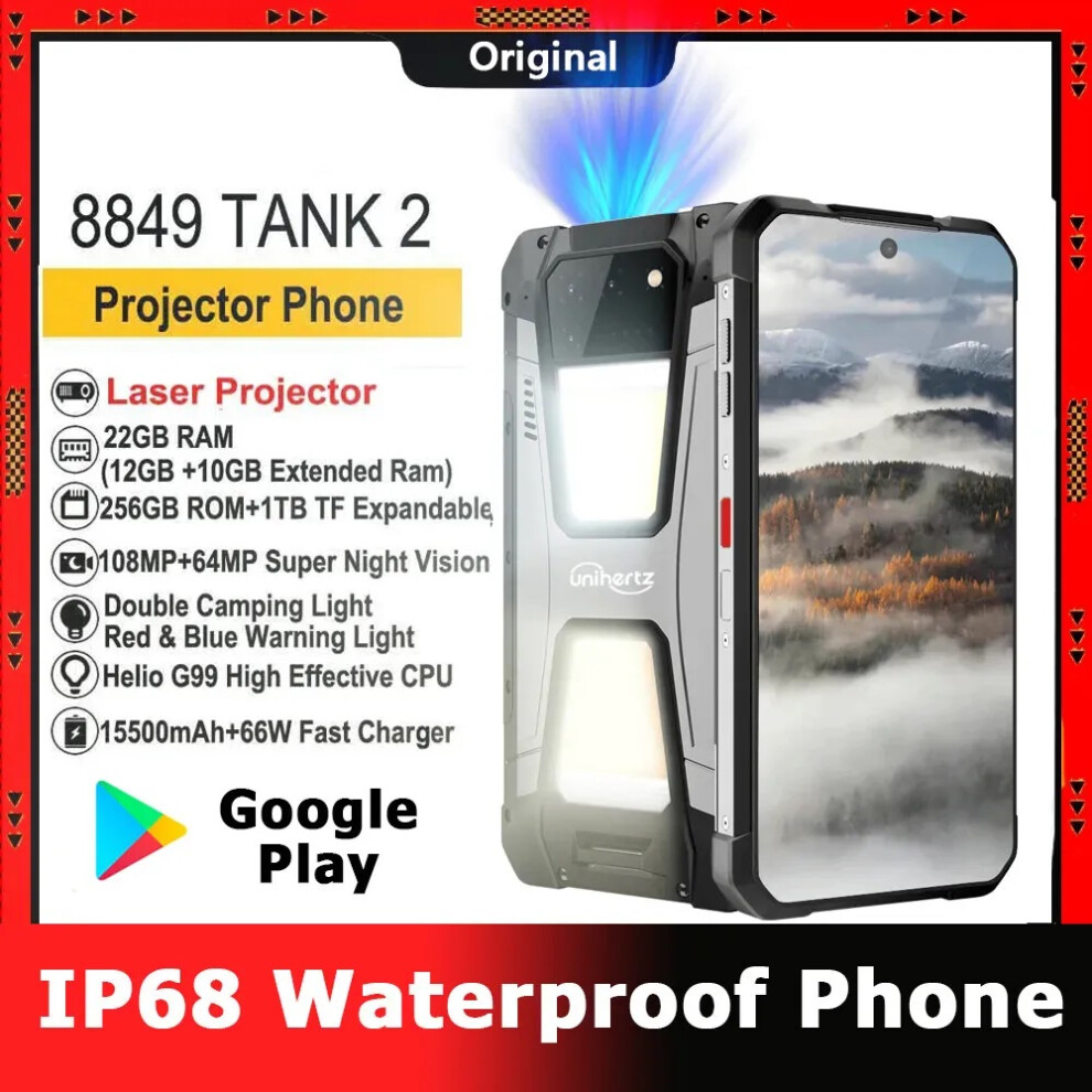 8849 Tank 2 22GB+512GB 4G Rugged Phone 15500mAh W/Projector NFC Google Play