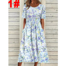 (1#, 3XL) Summer Plus Size Womens Ladies Short Sleeve Shirt Dress Holiday Pocket Dresses