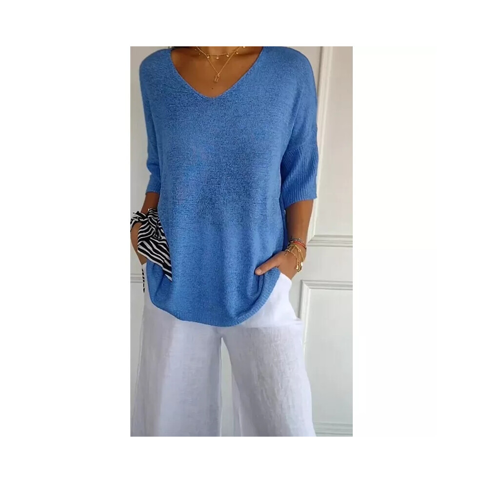 (Blue, 24) UK Ladies 3/4 Sleeve Jumper Knitted Tops Loose Pullover Shirts PLUS SIZE 8-26