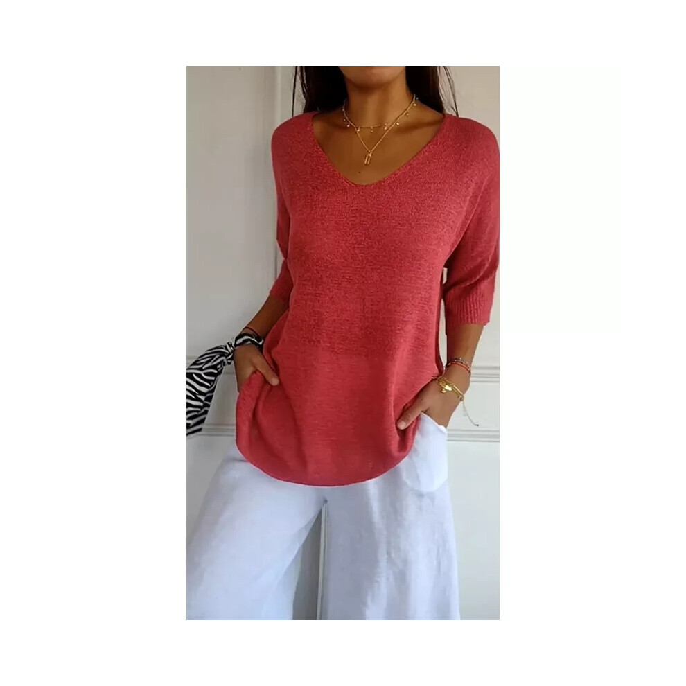(Red, 5XL) UK Ladies 3/4 Sleeve Jumper Knitted Tops Loose Pullover Shirts PLUS SIZE 8-26
