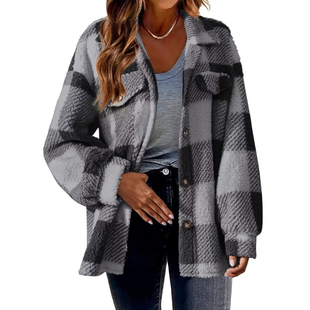 (Grey, 22) Women Casual Winter Shirt Top Ladies Check Fleece Jacket Oversized Shacket Coats