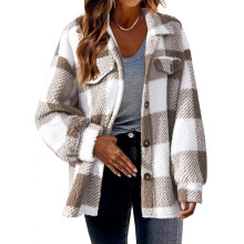 (Khaki, 24) Women Casual Winter Shirt Top Ladies Check Fleece Jacket Oversized Shacket Coats