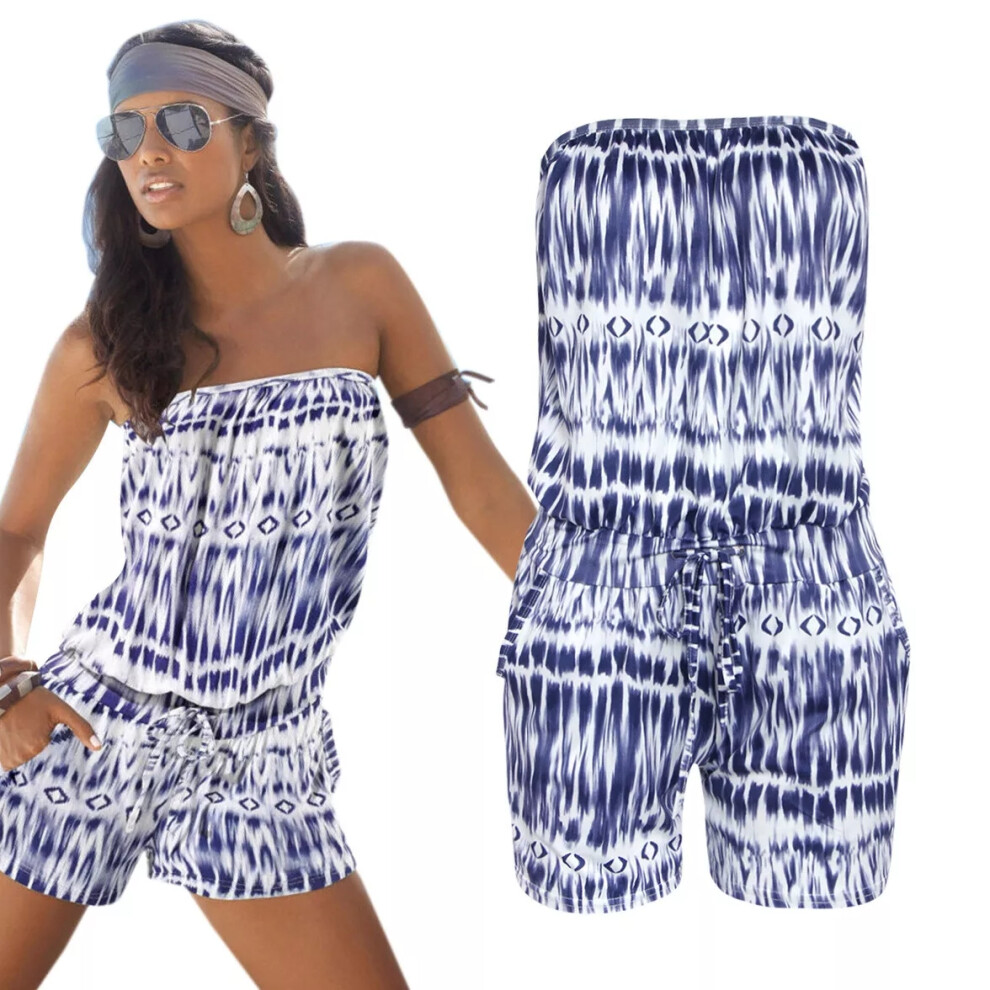 (1# Blue, M) Women's Summer Off Shoulder Jumpsuit Strapless Beach Playsuit Shorts Mini Dress-image-OPC-PF2K9NT-NEW