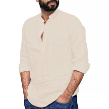 (Apricot, XL = 42) Cotton Linen Mens Solid Henley Shirts Long Sleeve Casual Loose Button Tops Shirt