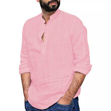 (Pink, XL = 42) Cotton Linen Mens Solid Henley Shirts Long Sleeve Casual Loose Button Tops Shirt